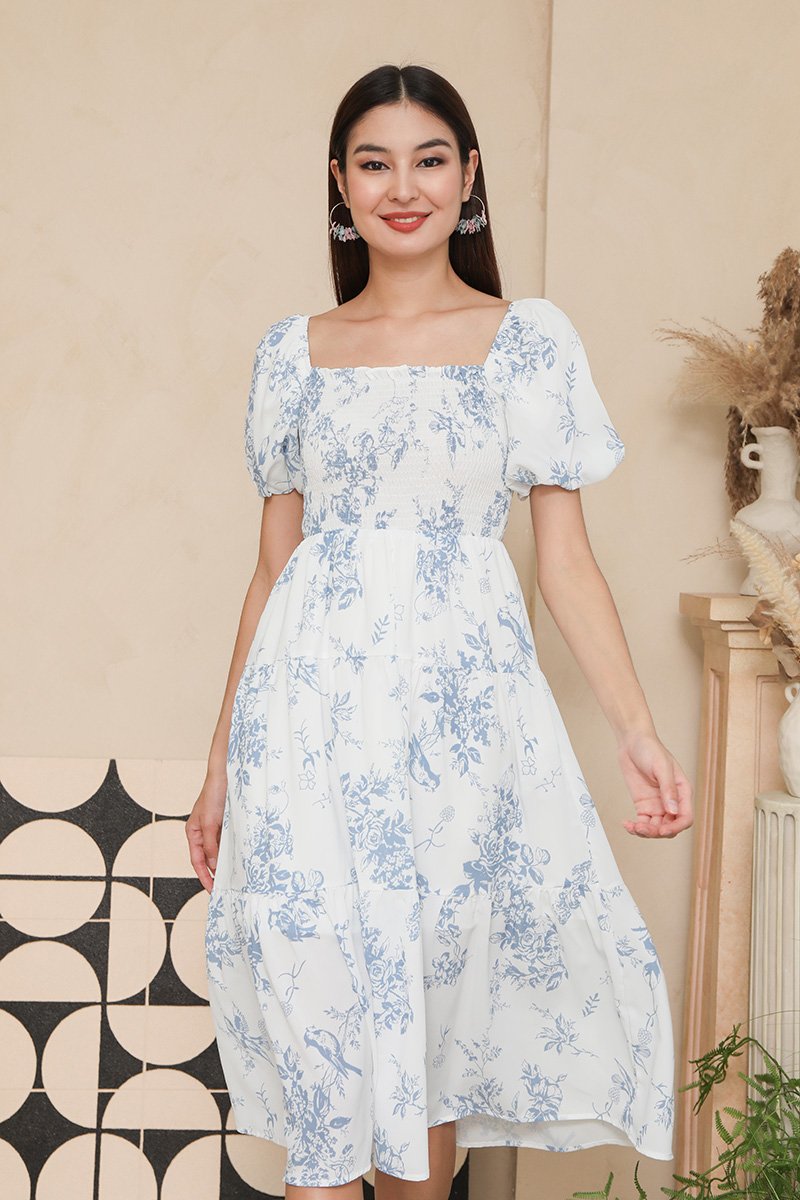 Fine Feathered Toile Smocked Tier Midi Dress Blue | lechicsg