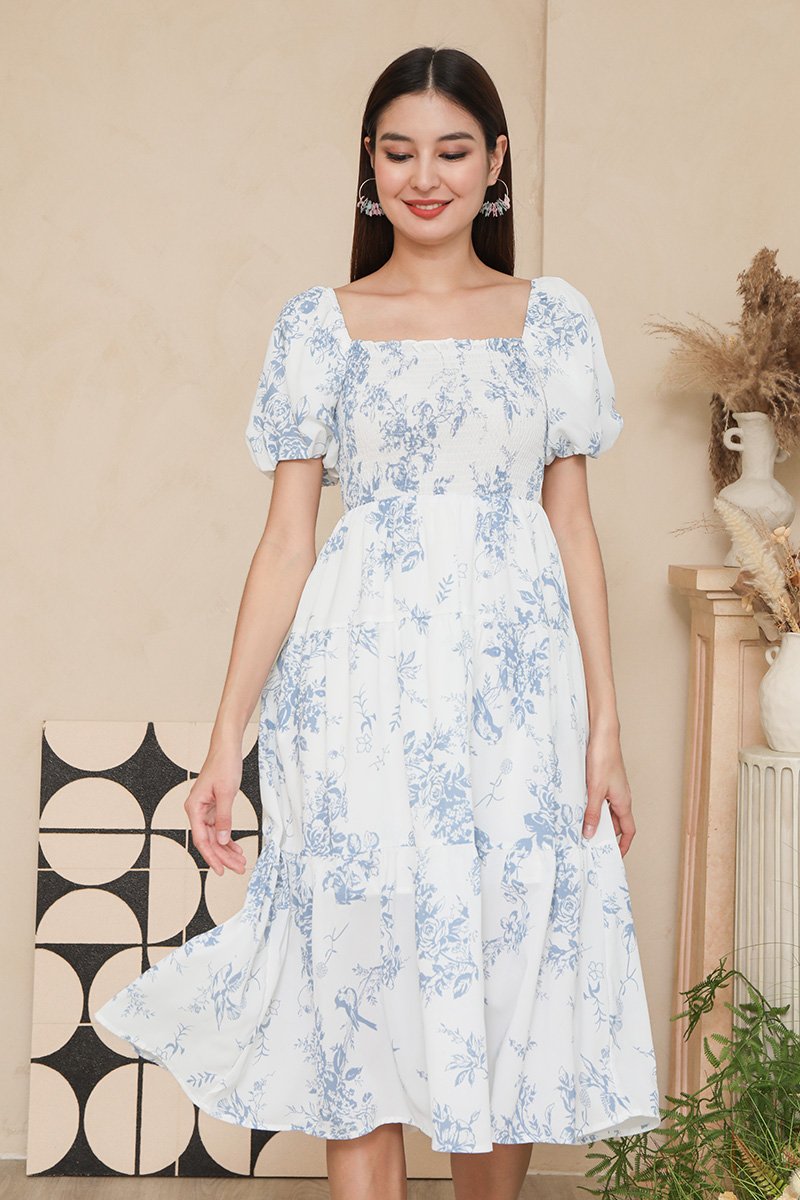 Fine Feathered Toile Smocked Tier Midi Dress Blue | lechicsg
