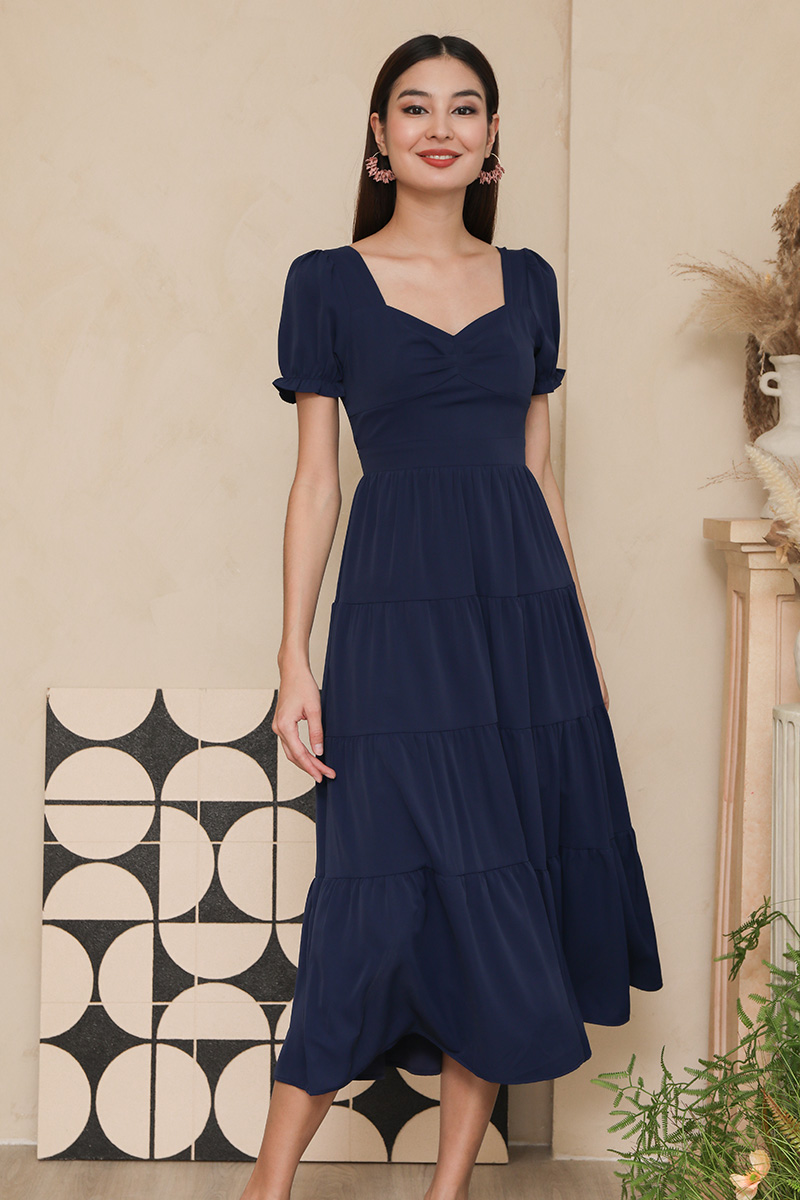 Tierjerker Romance Ruched Midi Dress Navy Blue | lechicsg