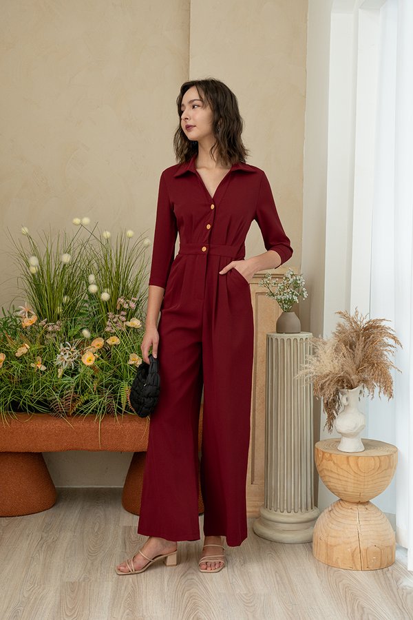 Leaps and Bounds Shirt Jumpsuit Burgundy Red