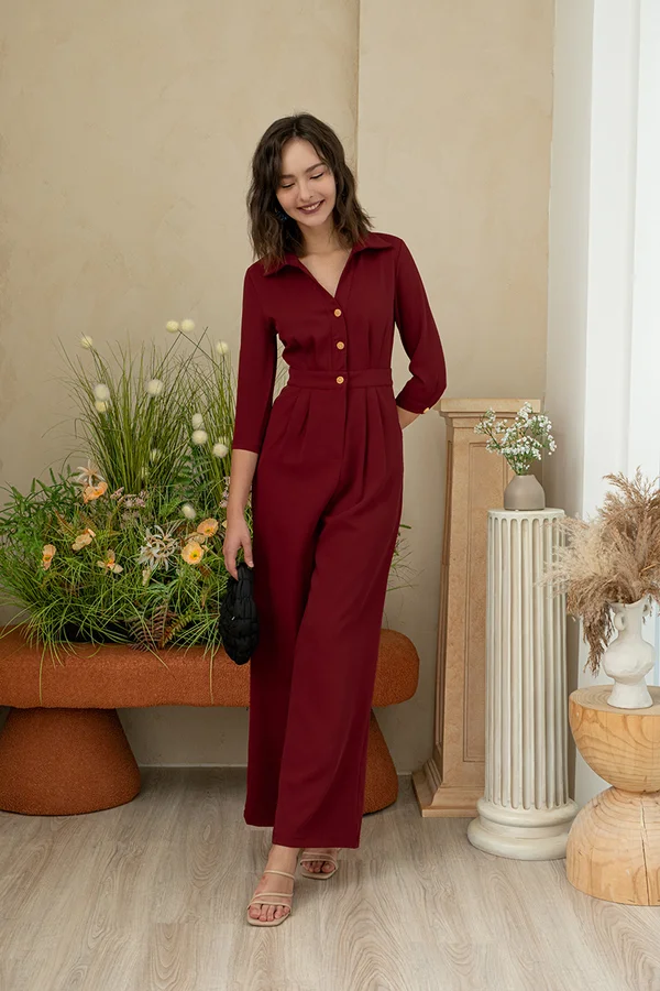 Leaps and Bounds Shirt Jumpsuit Burgundy Red