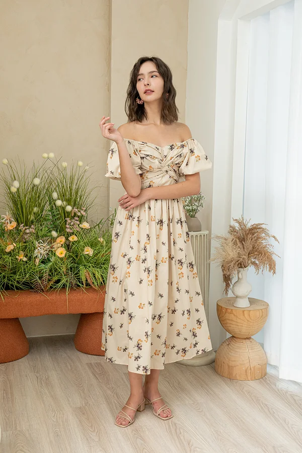 Tropical Tranquility Pleat Drape Twist Midi Dress