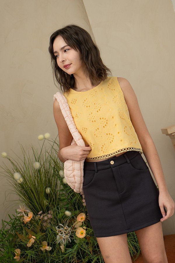 Crochet Meets Lace Edging Button Back Top Yellow