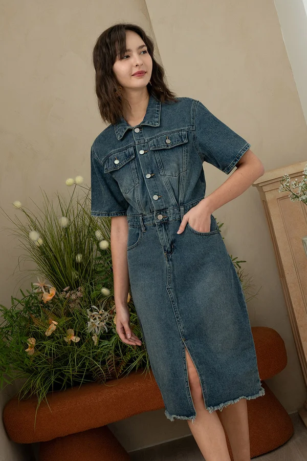 Full Denim Participation Hybrid Midi Shirt Dress Darkwash