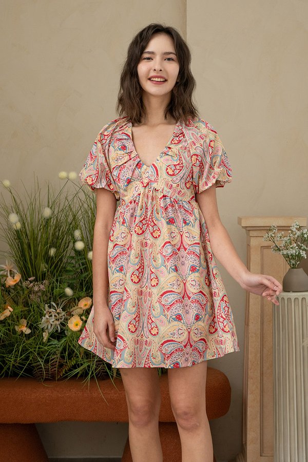 Paisley Confections Shirred Waist Sleeve Dress