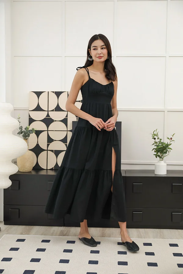 Mille Tier Shirred Tie String Linen Maxi Dress Black