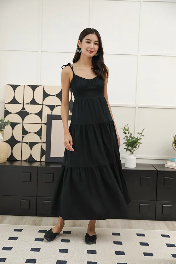 Mille Tier Shirred Tie String Linen Maxi Dress Black