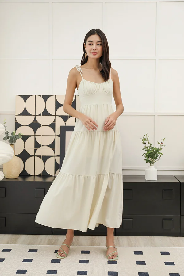 Mille Tier Shirred Tie String Linen Maxi Dress Ecru