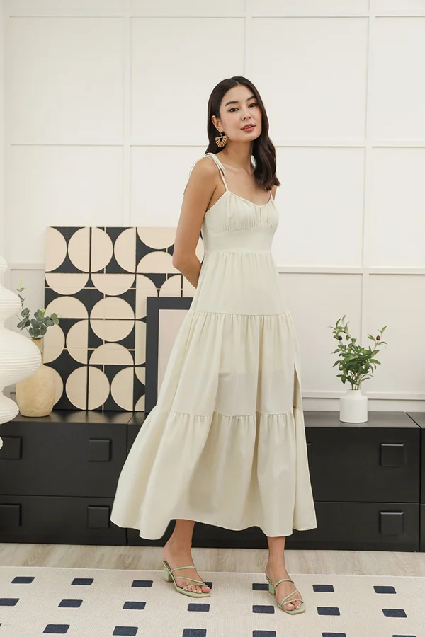 Mille Tier Shirred Tie String Linen Maxi Dress Ecru
