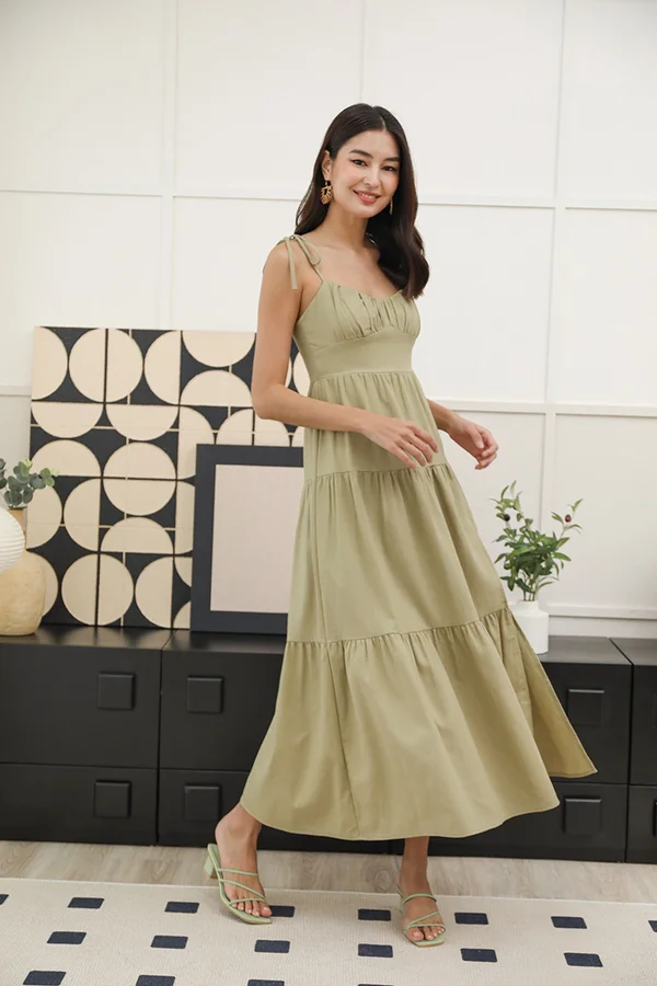 Mille Tier Shirred Tie String Linen Maxi Dress Khaki Green