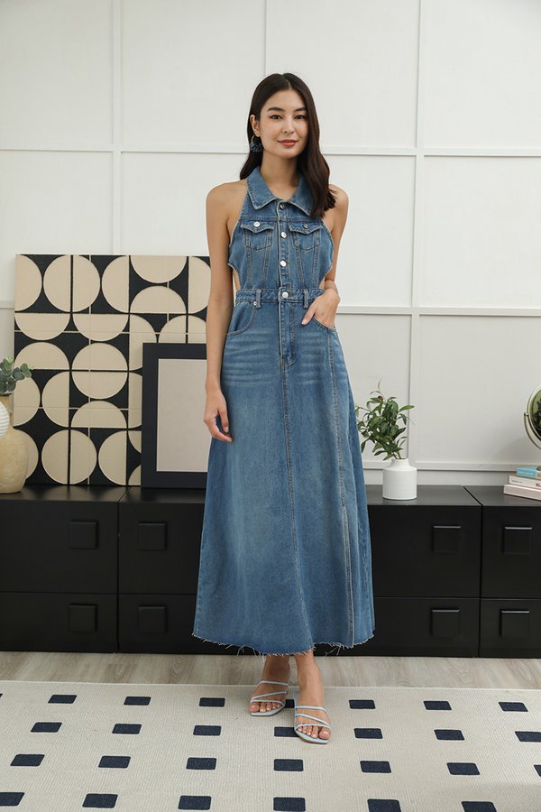 Noteworthy Denim Cut Out Midi Shirt Dress