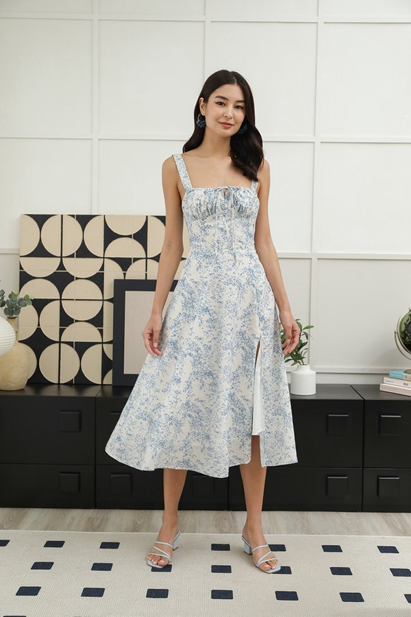 Santorini Skies Florals Laceup Back Midi Dress Toile