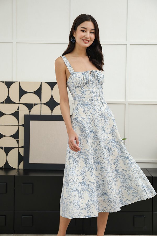 Santorini Skies Florals Laceup Back Midi Dress Toile