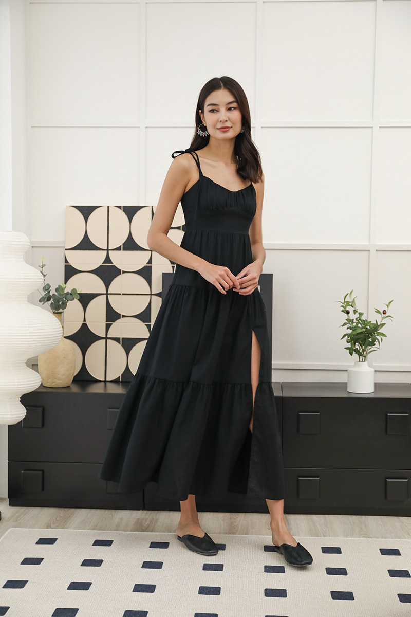 Mille Tier Shirred Tie String Linen Maxi Dress Black | lechicsg