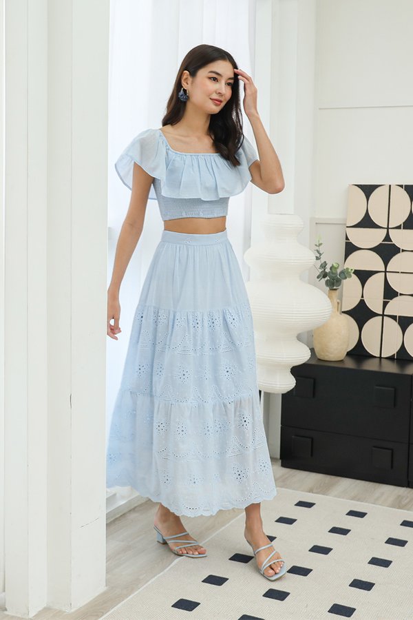 Sweet Summer Reminders Broderie Tier Maxi Skirt Blue