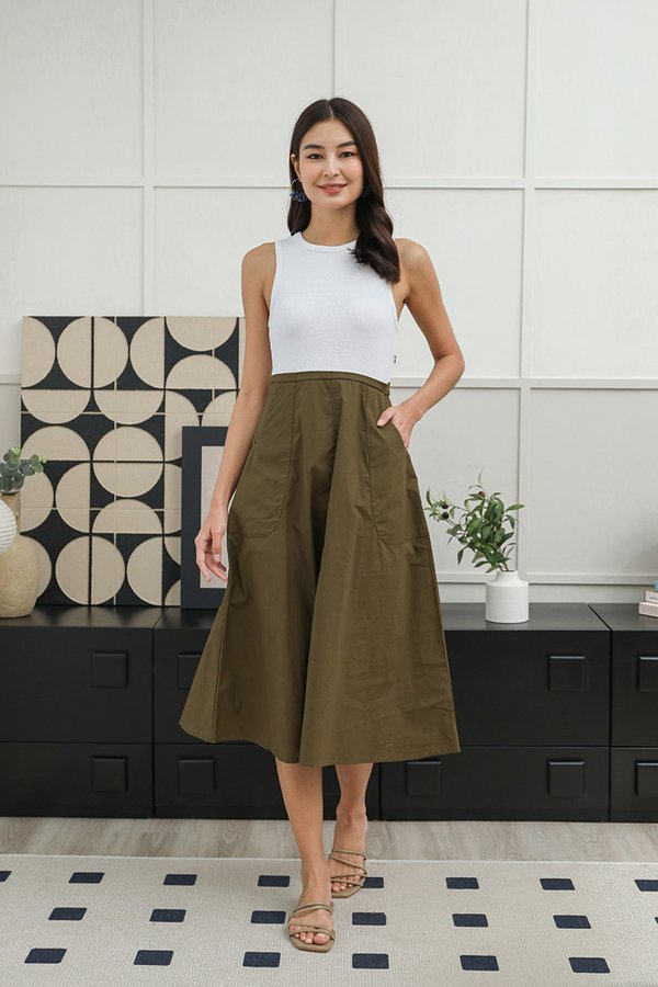 Blocks of Contrast Pocket Midi Dress Olive Green