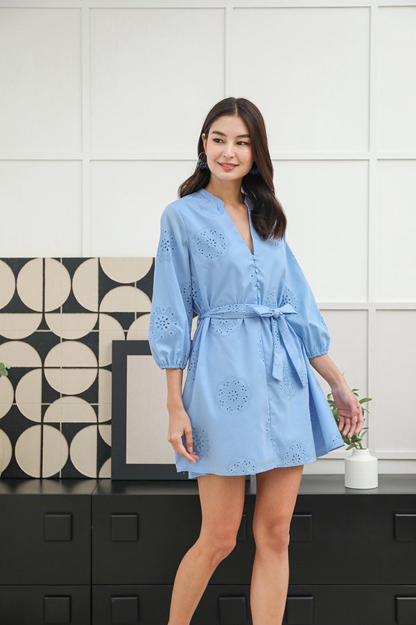 Blue Dove Offering Eyelet Crochet Blouson Dress