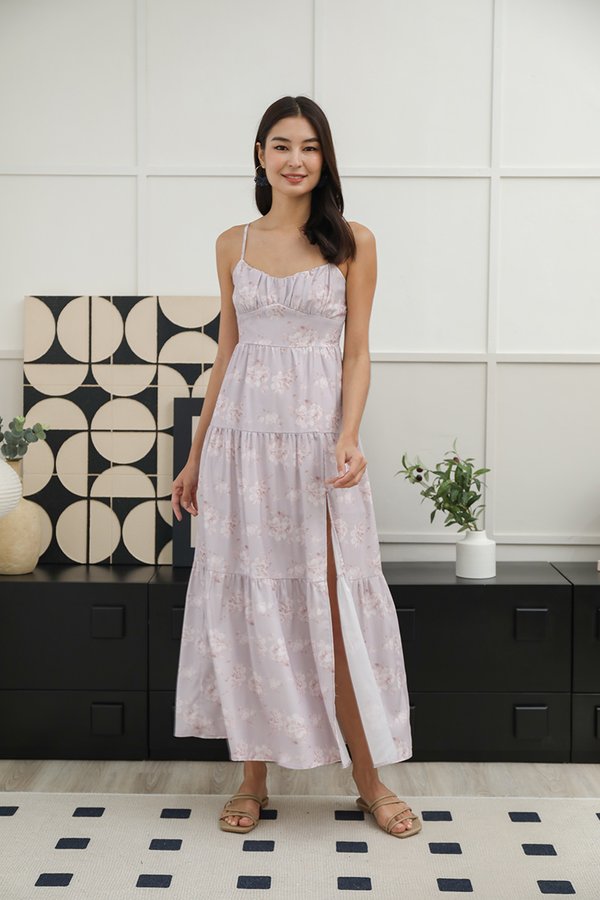 Mille Fleur Shirred Tier Maxi Dress Mauve Pink