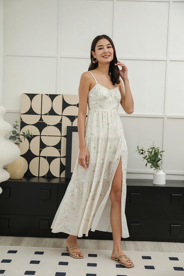 Mille Fleur Shirred Tier Maxi Dress Ecru