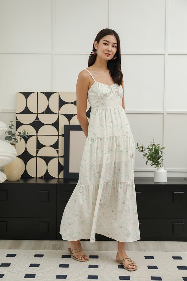 Mille Fleur Shirred Tier Maxi Dress Ecru