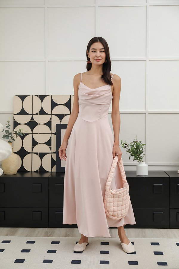 Slip Silky Simplified Cowl Neck Drape Maxi Dress Champagne Pink