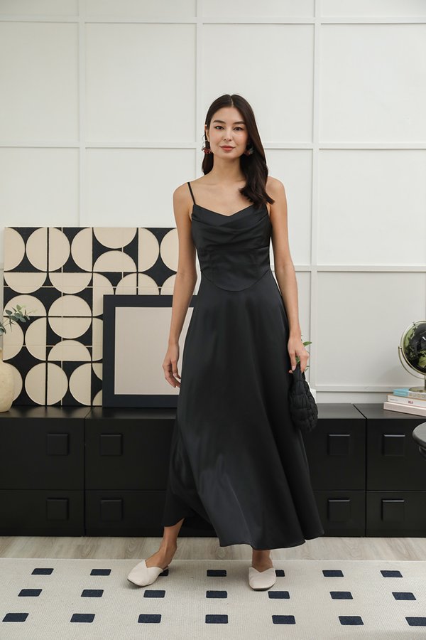 Slip Silky Simplified Cowl Neck Drape Maxi Dress Black