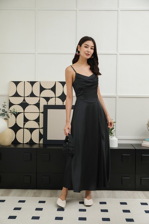 Slip Silky Simplified Cowl Neck Drape Maxi Dress Black