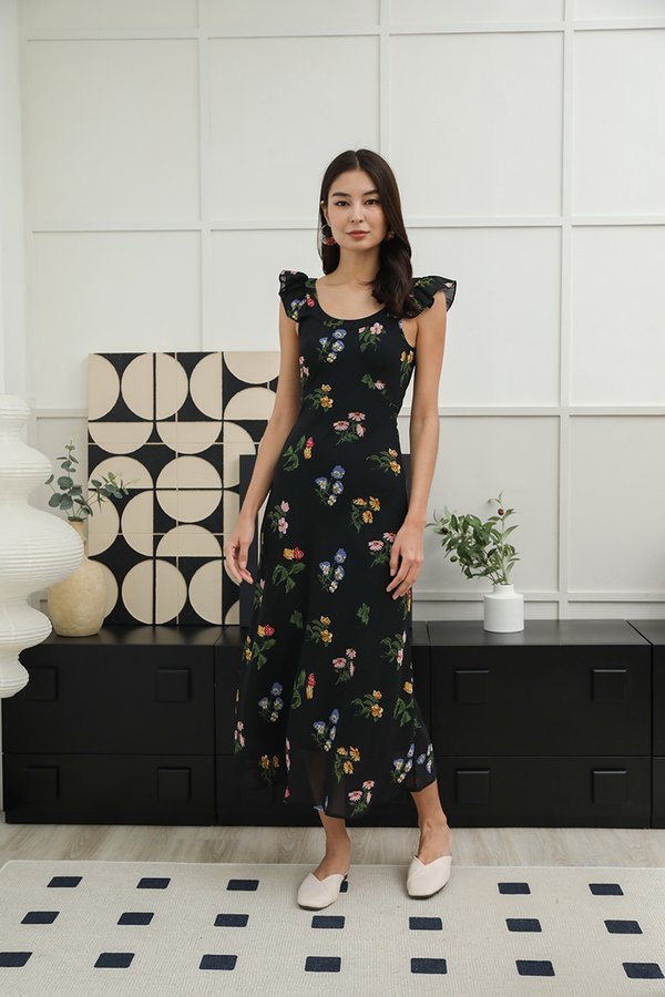 Fluttery Melody of Flowers Midi Dress