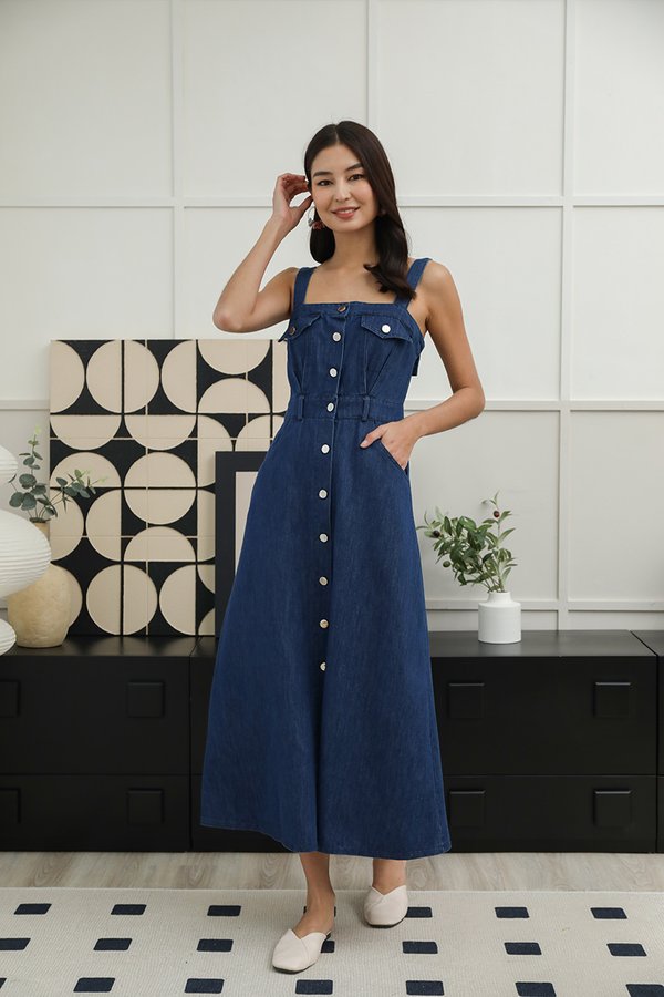 Pinup Pinafore Style Denim Overall Maxi Dress