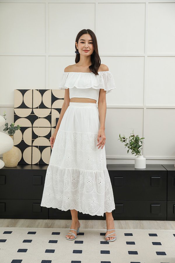 Sweet Summer Reminders Broderie Tier Maxi Skirt White