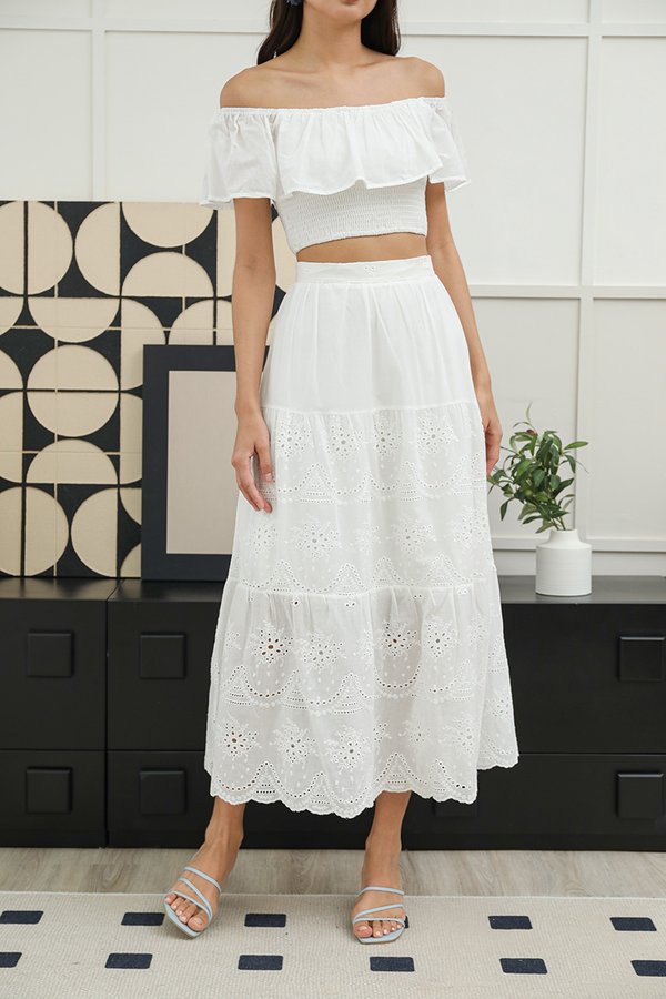 Sweet Summer Reminders Broderie Tier Maxi Skirt White