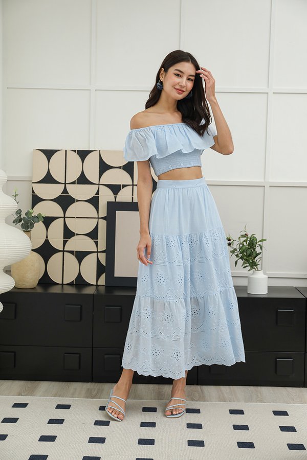 Sweet Summer Reminders Broderie Tier Maxi Skirt Blue