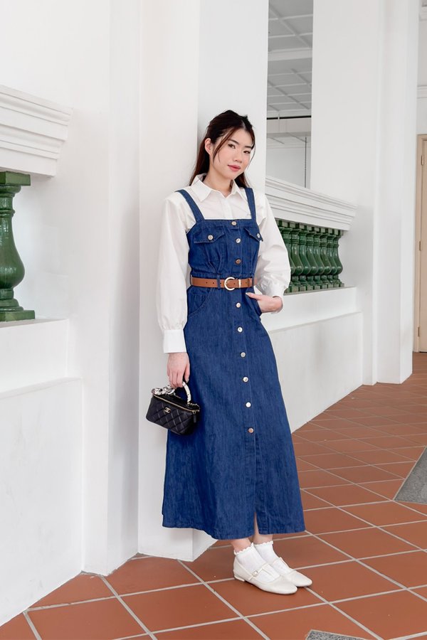 Pinup Pinafore Style Denim Overall Maxi Dress