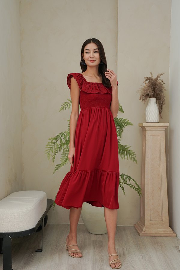 Sunshine State Eyelet Smock Maxi Dress Dark Red