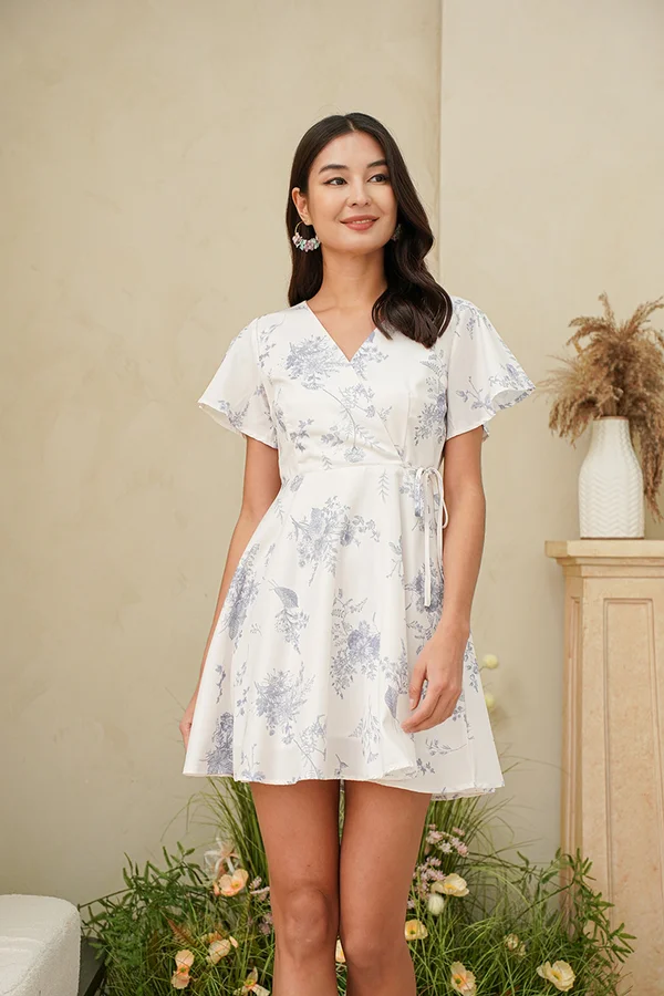 Scenic Kyoto Kimono Floral Wrap Dress Blue Grey