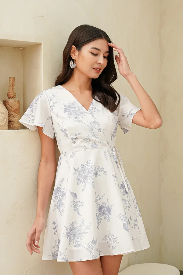 Scenic Kyoto Kimono Floral Wrap Dress Blue Grey