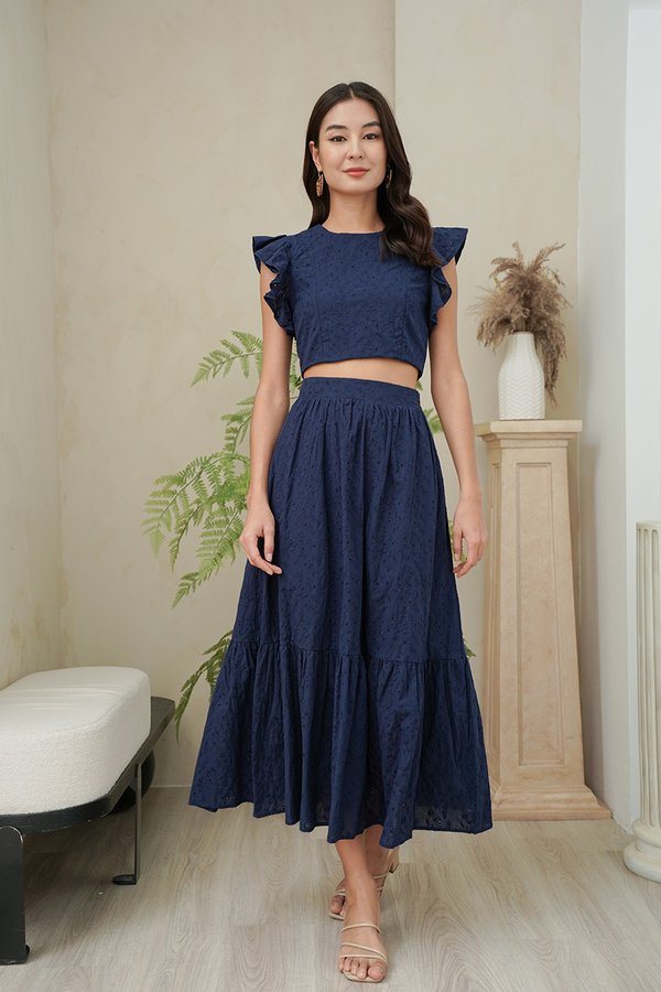 Essence of Eyelet Tier Maxi Skirt Navy Blue