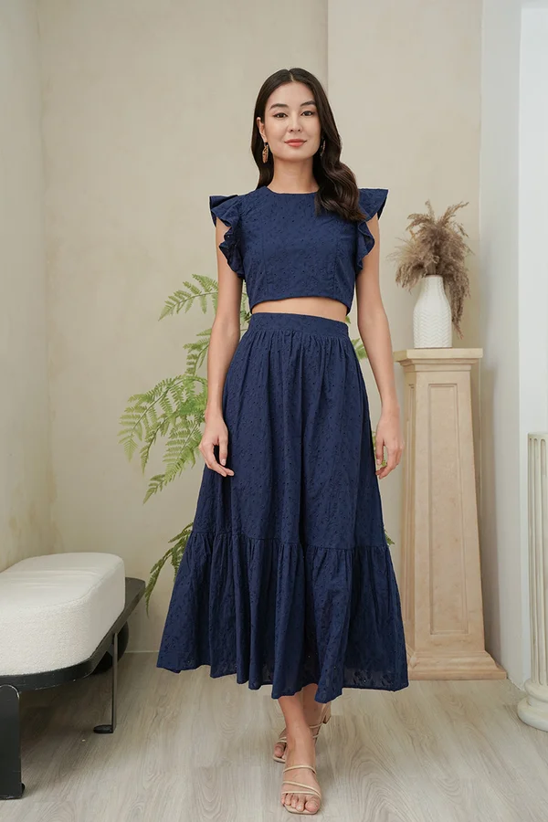 Essence of Eyelet Ruffle Sleeve Crop Top Navy Blue