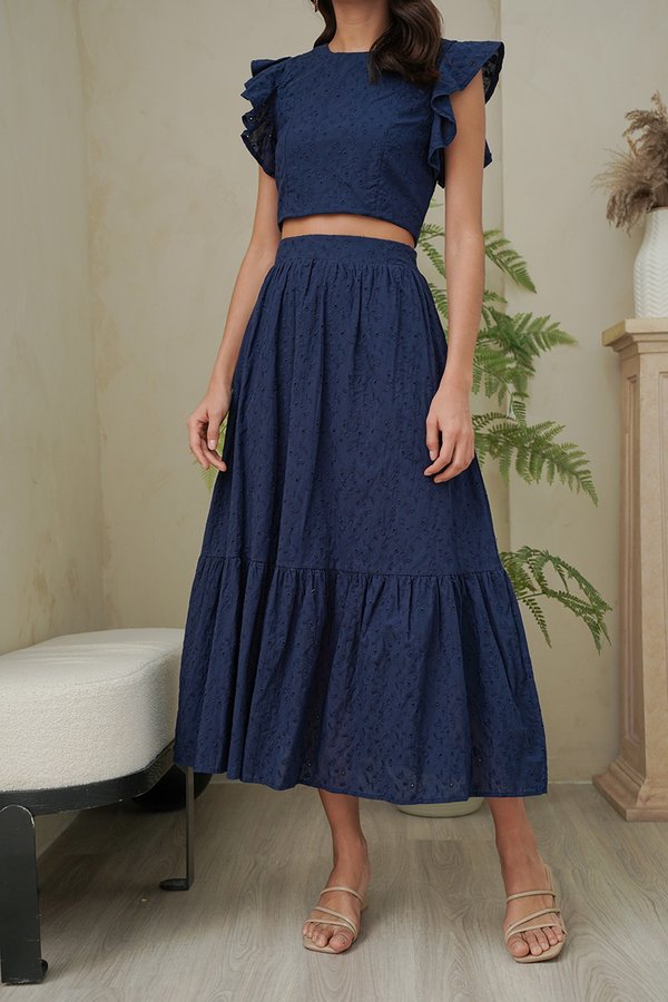 Essence of Eyelet Tier Maxi Skirt Navy Blue