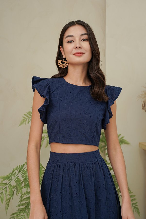 Essence of Eyelet Ruffle Sleeve Crop Top Navy Blue