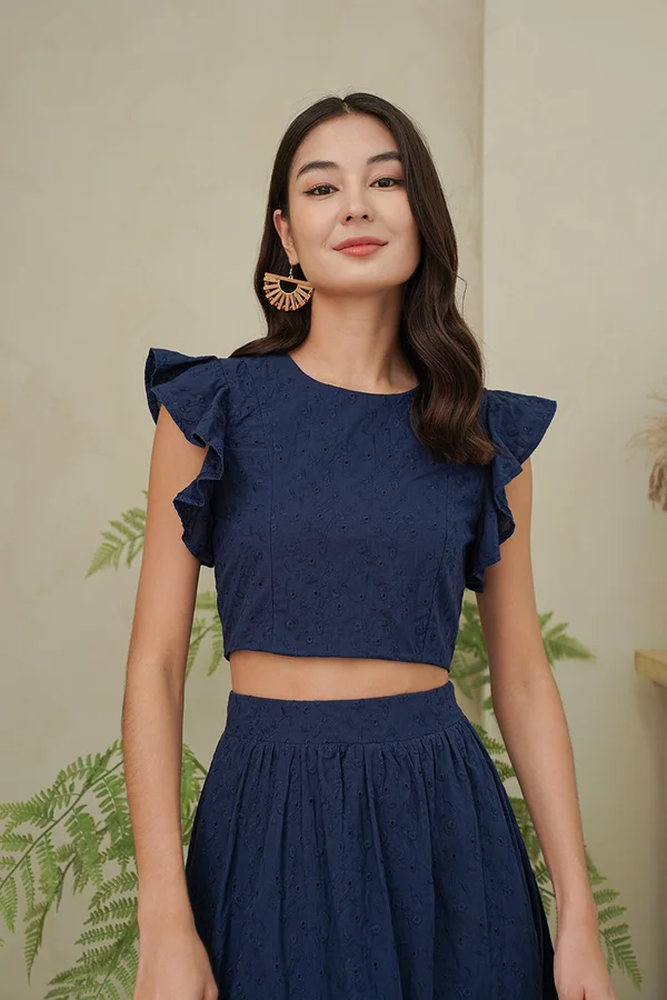 Essence of Eyelet Ruffle Sleeve Crop Top Navy Blue
