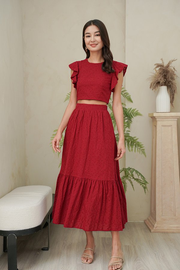 Essence of Eyelet Ruffle Sleeve Crop Top Burgundy Red