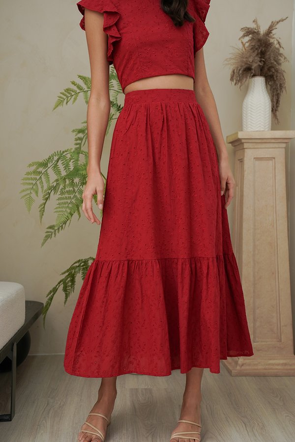 Essence of Eyelet Tier Maxi Skirt Burgundy Red