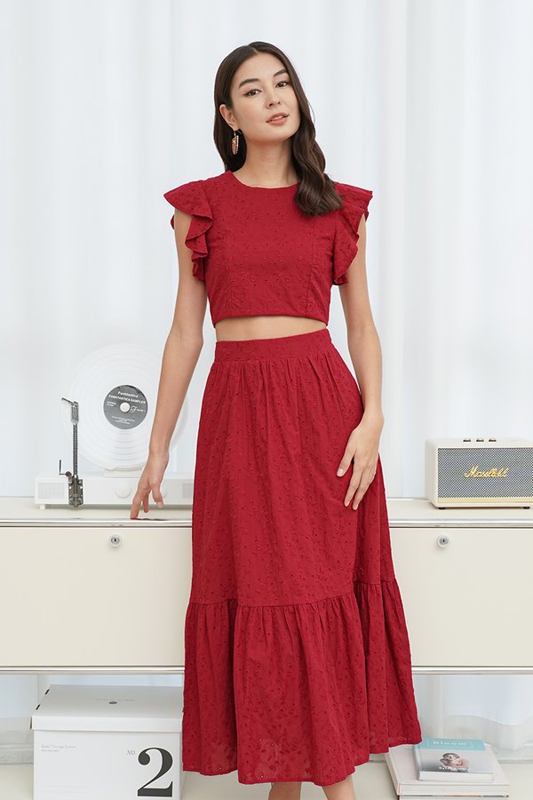 Essence of Eyelet Tier Maxi Skirt Burgundy Red