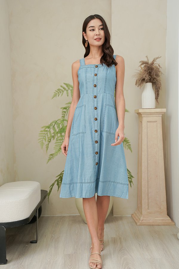 Button Prone Blues Denim Pinafore Dress