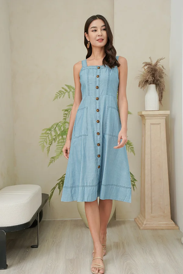 Button Prone Blues Denim Pinafore Dress