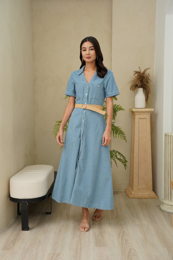 Chambray Flowing Reality Belted Maxi Shirt Dress