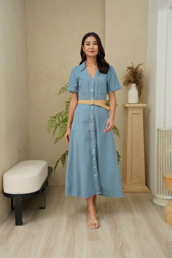 Chambray Flowing Reality Belted Maxi Shirt Dress