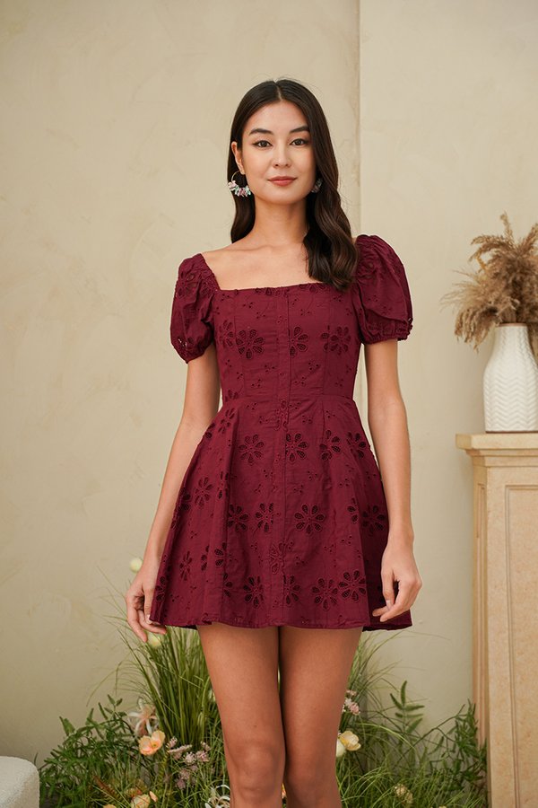 Stellar Starbursts Floral Crochet Dress Burgundy Red