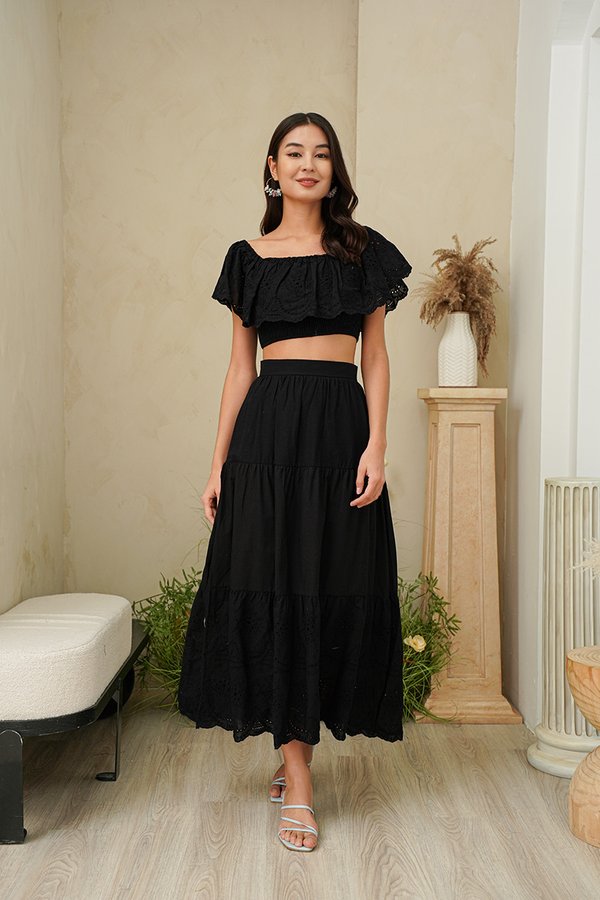 Sweet Summer Reminders Broderie Tier Maxi Skirt Black